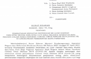 Pemkot Parepare Patuhi SE, Mulai 6 Hingga 17 Mei ASN Dibatasi ke Luar Daerah