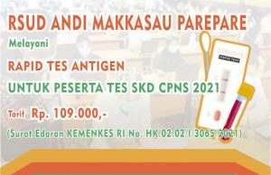 Tarif Layanan Rapid Tes Antigen RSUD Andi Makkasau Parepare Sesuai Surat Edran Kemenkes RI