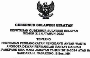 Ketua DPRD Parepare : Segera Jadwalkan Pelantikan Nasarong, Selaku PAW