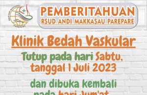 Pemberitahuan RSUD Andi Makkasau, Pelayanan Vaskuler Tutup Sementara hingga 7 Juli 2023