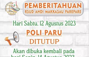 Pemberitahuan, RSUD Andi Makkasau, Pelayanan Poli Paru Tutup Sementara 12 Agustus 2023